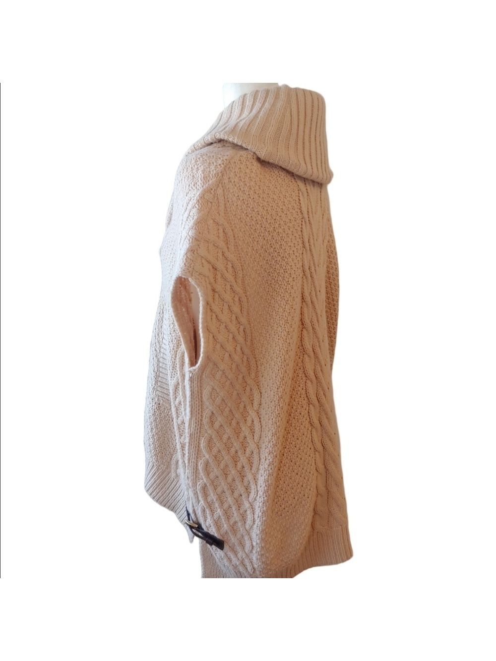 Saks Fifth Ave Wool Blend Cream Cable Knit Cowl Sweater with Side Belts Small - Picture 11 of 16